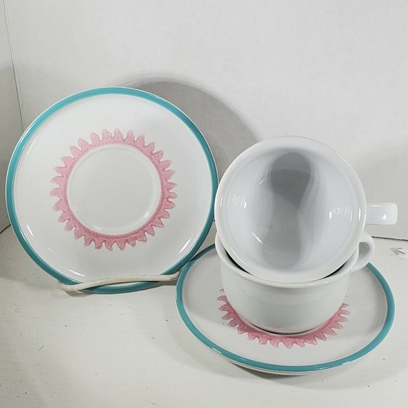 2 Dansk Costa Del Sol Tea Coffee Cups and Saucers aqua pink sunshine rays - Picture 3 of 9